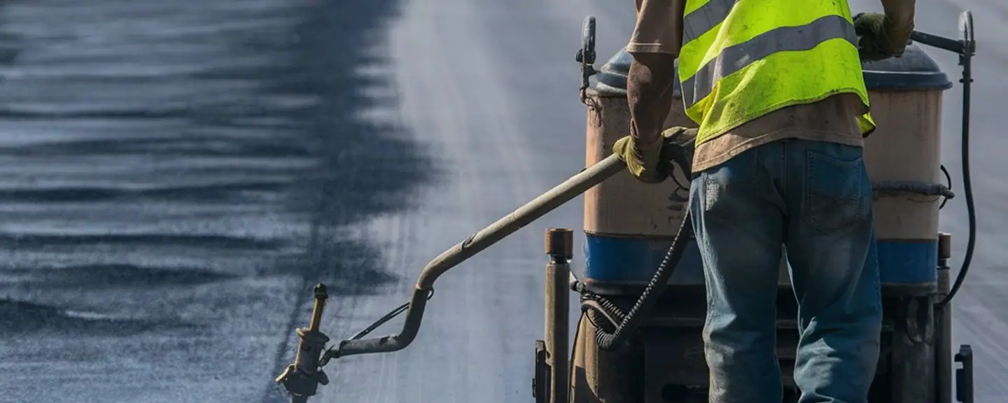 A hi-vis operative spraying binder onto a road — Surface Dressing in Hillingdon by Meads Resurfacing